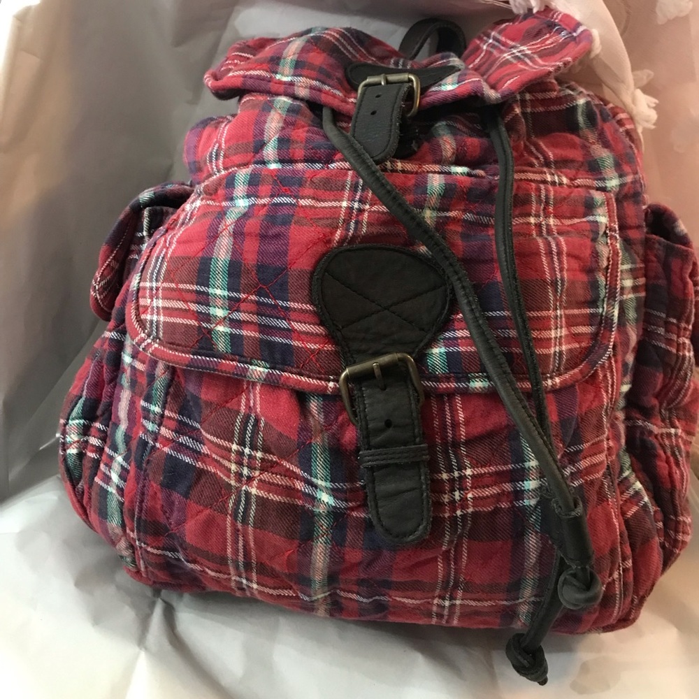 J crew red cotton plated back pack leather